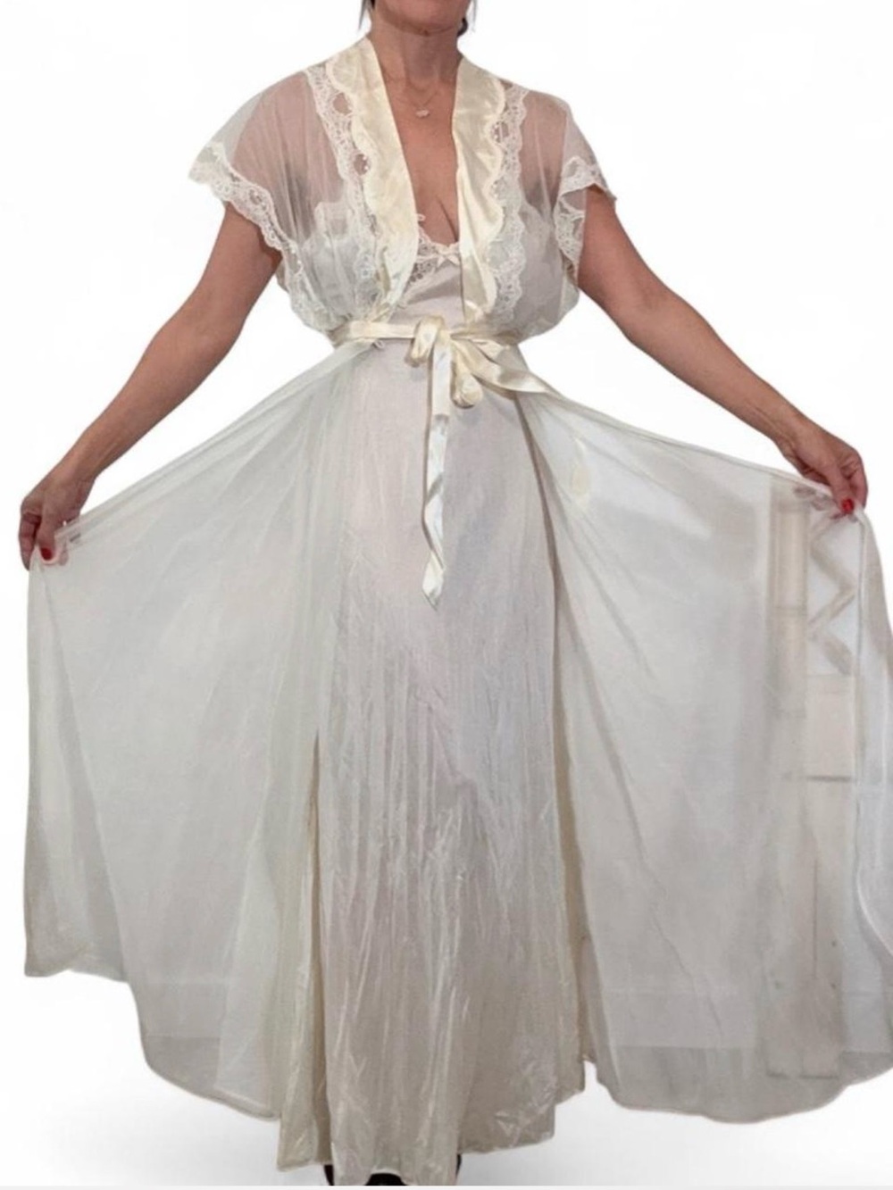 Silky nylon Lace-Trim Slip Nightgown and robe 2pc set - White